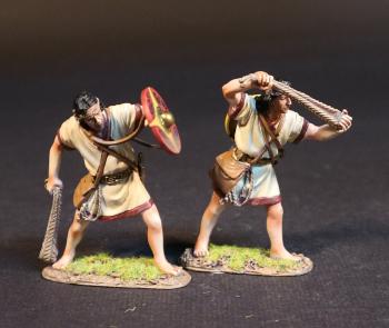 Image of Two Balearic Slingers, The Carthaginians, The Battle of Zama, 202 BCE, Armies and Enemies of Ancient Rome--two figures with shields and slings (standing loading, shield on back; standing, shield raised) #52140