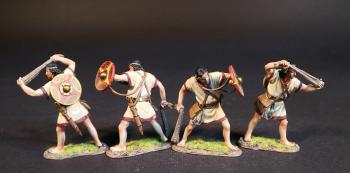 Image of Four Balearic Slingers, The Carthaginians, The Battle of Zama, 202 BCE, Armies and Enemies of Ancient Rome--four figures with shields and slings (2 standing loading, shield on back; 2 standing, shield raised) #52141