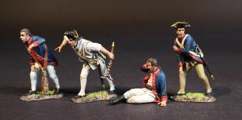 Four Continental Artillerymen (3 in dark blue jackets faced with scarlet; one in shirtsleeves), American Artillery, The American War of Independence 1775-1783--four crew figures (seated wounded, standing wounded; igniter; wheelman) #52142