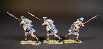 Image of Three Highlanders (white jacket and white & blue plaid kilt), The Jacobite Army, The Battle of Culloden, 16th April 1745, The Jacobite Rebellion, 1745--three figures running with fixed bayonets #52149