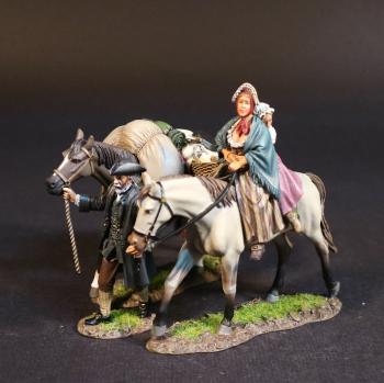 Image of Grandfather, Mother, Daughter, and Pack Horse, Settlers and Refugees, The Eighteenth Century Collection--two figures mounted on horse, single horse figure, single foot figure #52151