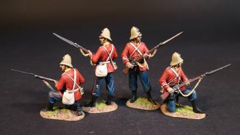 Image of Four Infantrymen (2 standing ready; 2 kneeling ready), The 99th (Duke of Edinburgh's) Regiment, Eschowe Relief Column, Battle of Gingindhlovu, 2nd April 1879--four figures in pith helmets #52154