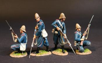 Image of Four Royal Marine Light Infantrymen (2 standing ready, gun pointed down; 2 kneeling ready, gun across chest), The Eschowe Relief Column, Battle of Gingindhlovu, 2nd April 1879--four figures in pith helmets #52156