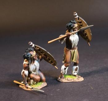 Two Zulu Warriors (kneeling shield raised; standing, shield and asegai raised), The umCijo Regiment, The Zulu Impi, Battle of Gingindhlovu, 2nd April 1879--two figures with asegai and shield #52158