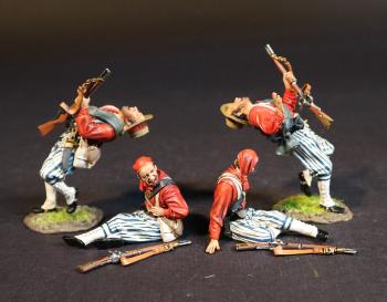 Image of Four Wheat's Tigers Zouaves (2 falling shot; 2 sitting wounded), 1st Special Battalion (Wheat's Tigers), Louisiana Infantry, The First Battle of Manassas, 1861, ACW, 1861-1865--four figures (red tunics) and guns #52160