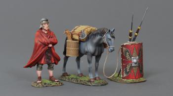 Image of Roman Legionnaire with Pony and Shield with Two Pilum--cloaked figure, pony figure, and Imperial red shield with two leaning pilum #52164