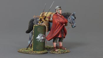 Image of Roman Legionnaire with Pony and Shield with Two Pilum--single cloaked figure, pony figure, and 20th Legion green shield with two leaning pilum #52166