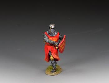 Image of The Fighting Priest--single advancing medieval figure with shield drawing sword #52231