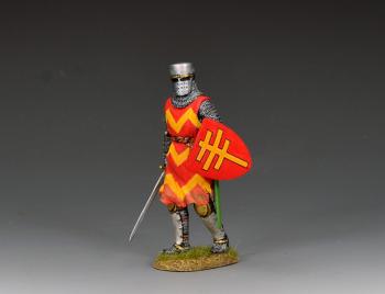 Image of Crusader Priest of Lorraine--single medieval figure advancing, sword and shield in hand #52233