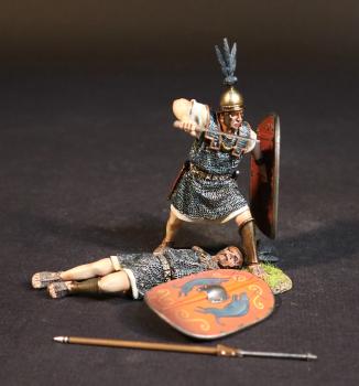 Two Principes (red shields), The Roman Army of the Mid Republic, Armies and Enemies of Ancient Rome--two figures (standing, stabbing at shoulder height; prone, dead), pilum, shield #52246