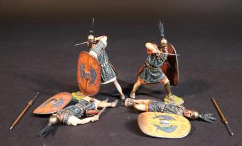 Four Principes (two with red shields & two with yellow shields), The Roman Army of the Mid Republic, Armies and Enemies of Ancient Rome--two figures (2 standing, stabbing at shoulder height; 2 prone, dead), pilum, shield #52248