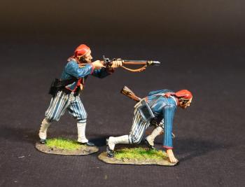 Two Wheat's Tigers Zouaves (standing firing; crouched, ready to sprint), 1st Special Battalion (Wheat's Tigers), Louisiana Infantry, The First Battle of Manassas, 1861, ACW, 1861-1865--two figures (blue tunics) and gun #52265