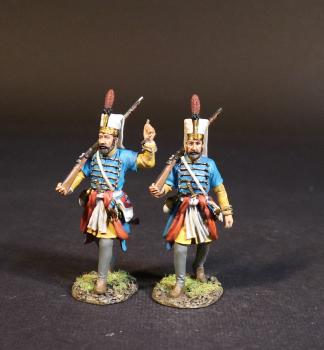 Two Janissaries in Light Blue uniforms with yellow under-tunics (advancing, musket leaning on right shoulder), Janissaries, The Ottoman Empire, The Great Siege of Malta, 1565, The Crusades--two figures #52271