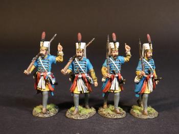 Four Janissaries in Light Blue uniforms with yellow under-tunics (advancing, musket leaning on right shoulder), Janissaries, The Ottoman Empire, The Great Siege of Malta, 1565, The Crusades--four figures #52272