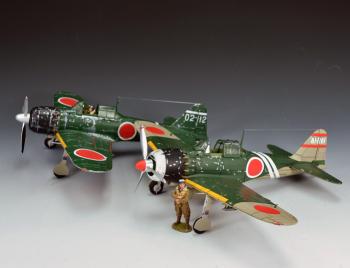 Image of A Pair of Zeroes--two Mitsubishi A6M5 Japanese planes with single standing pilot figure (JN078 &JN079) #52319