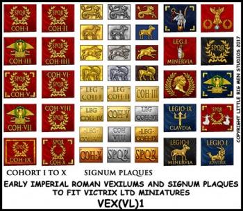 Early Imperial Roman Legionary Vexilum Transfers 1--28mm Early Imperial Roman Legionary Vexilums and Signum Plaques  to fit Victrix Ltd. miniatures--Special Order:  Takes 2 to 3 weeks #52358