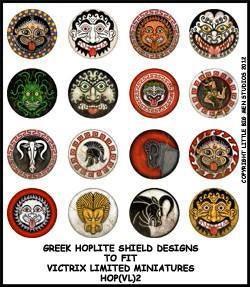 Greek Hoplite Shield Designs 2--28mm Greek Hoplite shield designs to fit Victrix Ltd. miniatures--Special Order:  Takes 2 to 3 weeks #52359