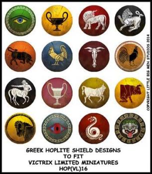 Greek Hoplite Shield Designs 16--28mm Greek Hoplite shield designs to fit Victrix Ltd. miniatures--Special Order:  Takes 2 to 3 weeks #52361