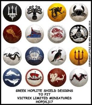 Greek Hoplite Shield Designs 17--28mm Greek Hoplite shield designs to fit Victrix Ltd. miniatures--Special Order:  Takes 2 to 3 weeks #52364