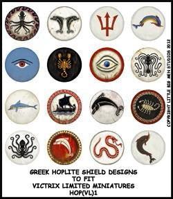 Greek Hoplite Shield Designs 1--28mm Greek Hoplite shield designs to fit Victrix Ltd. miniatures--Special Order:  Takes 2 to 3 weeks #52369