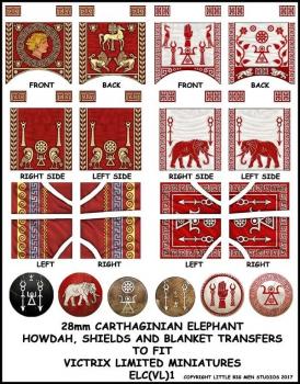 Carthaginian War Elephant shield, howdah and blanket transfers 1--28mm Carthaginian elephant howdah, shields, and blanket transfers to fit Victrix Ltd. miniatures--Special Order:  Takes 2 to 3 weeks #52370