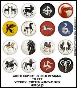 Greek Hoplite Shield Designs 5--28mm Greek Hoplite shield designs to fit Victrix Ltd. miniatures--Special Order:  Takes 2 to 3 weeks #52373