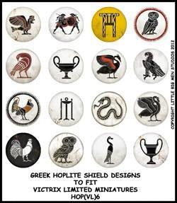 Greek Hoplite Shield Designs 6--28mm Greek Hoplite shield designs to fit Victrix Ltd. miniatures--Special Order:  Takes 2 to 3 weeks #52383
