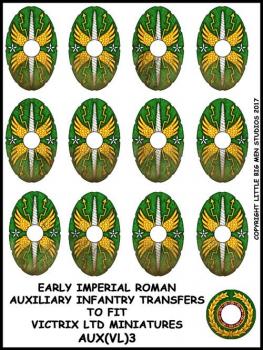 Early Imperial Roman Auxiliary Shield Transfers 3--28mm Early Imperial Roman Auxiliary Infantry Transfers to fit Victrix Ltd. miniatures--Special Order:  Takes 2 to 3 weeks #52384