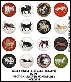 Greek Hoplite Shield Designs 3--28mm Greek Hoplite shield designs to fit Victrix Ltd. miniatures--Special Order:  Takes 2 to 3 weeks #52389
