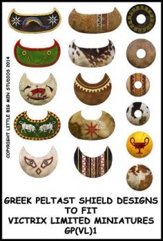 Greek Peltast Shield Designs 1--28mm Greek Peltast shield designs to fit Victrix Ltd. miniatures--Special Order:  Takes 2 to 3 weeks #52395