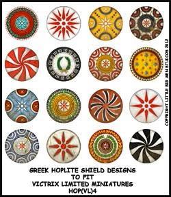 Greek Hoplite Shield Designs 4--28mm Greek Hoplite shield designs to fit Victrix Ltd. miniatures--Special Order:  Takes 2 to 3 weeks #52399