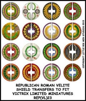 Republican Roman Shield Designs 23--28mm Republican Roman Velite shield transfers to fit Victrix Ltd. miniatures--Special Order:  Takes 2 to 3 weeks #52405