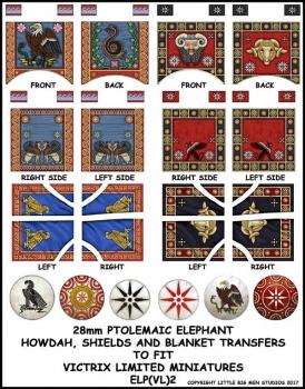Carthaginian War Elephant, Ptolomeic shield, howdah, and blanket transfers ELP2--28mm Ptolemaic Elephant, howdah, shields, and blanket transfers to fit Victrix Ltd. miniatures--Special Order:  Takes 2 to 3 weeks #52423