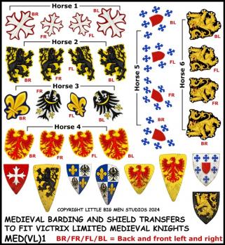 Medieval Barding and Shield Transfers 1--28mm Medieval Barding and Shield Transfers 1 to fit Victrix Ltd. Medieval Knights--Special Order:  Takes 2 to 3 weeks #52426