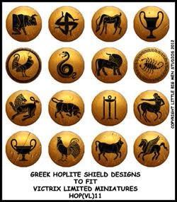 Greek Hoplite Shield Designs 11--28mm Greek Hoplite shield designs to fit Victrix Ltd. miniatures--Special Order:  Takes 2 to 3 weeks #52437