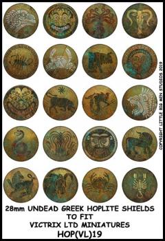 Undead Greek Hoplite Shield Designs 19--28mm Undead Greek Hoplite shield designs to fit Victrix Ltd. miniatures--Special Order:  Takes 2 to 3 weeks #52439