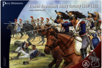 French Napoleonic Heavy Cavalry (Cuirassiers and Carabiniers), 1182-1815--fourteen 28mm mounted plastic figures, 6 casualty figures, 4 flags #52470