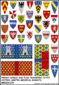 French Shield & Flag Transfers 2--28mm French Shield and Flag Transfers to fit Victrix Ltd. Medieval Knights miniatures--Special Order:  Takes 2 to 3 weeks #52501