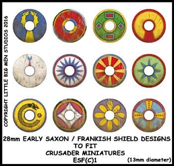 Early Saxon/Frankish Shield Designs 1--28mm Early Saxon/Frankish shield designs to fit Crusader miniatures--Special Order:  Takes 2 to 3 weeks #52502