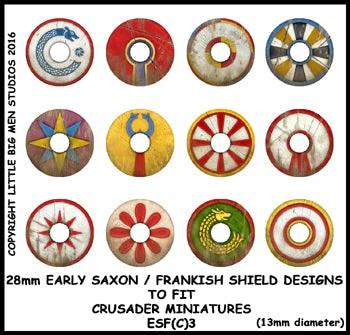 Early Saxon/Frankish Shield Designs 3--28mm Early Saxon/Frankish shield designs to fit Crusader miniatures--Special Order:  Takes 2 to 3 weeks #52504