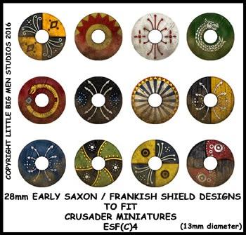 Early Saxon/Frankish Shield Designs 4--28mm Early Saxon/Frankish shield designs to fit Crusader miniatures--Special Order:  Takes 2 to 3 weeks #52505