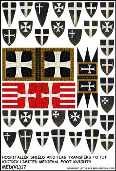 Hospitaller Shield and Flag Transfers 17--28mm Hospitaller Shield and flag transfers to fit Victrix Ltd. Medieval Knights miniatures--Special Order:  Takes 2 to 3 weeks #52509