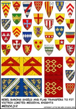Rebel Barons Shield & Flag Transfers 12--28mm Rebell Barons Shield and Flag Transfers to fit Victrix Ltd. Medieval Knights miniatures--Special Order:  Takes 2 to 3 weeks #52511