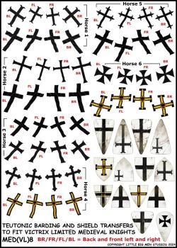 Medieval Barding and Shield Transfers 8--28mm Teutonic Knights barding and shields transfers to fit Victrix Ltd. Medieval Knights miniatures--Special Order:  Takes 2 to 3 weeks #52516