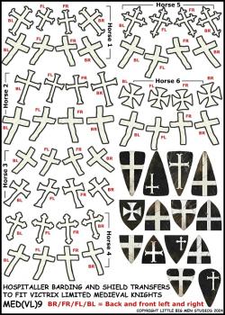 Medieval Barding and Shield Transfers 9--28mm Hospitaller Knights barding and shield transfers to fit Victrix Ltd. Medieval Knights miniatures--Special Order:  Takes 2 to 3 weeks #52517