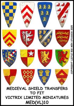 Medieval Shield Transfers 10--28mm Medieval Shield transfers to fit Victrix Ltd. Medieval Knights miniatures--Special Order:  Takes 2 to 3 weeks #52518