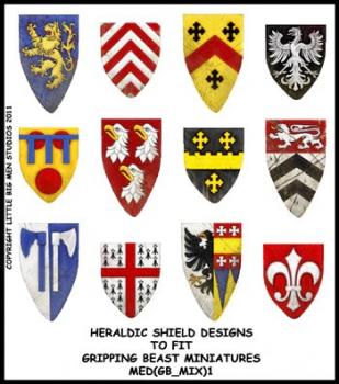 Heraldic Shield Designs to fit Gripping Beast miniatures 1--shield transfers to fit 28mm Gripping Beast miniatures--Special Order:  Takes 2 to 3 weeks #52521