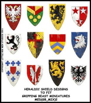 Heraldic Shield Designs to fit Gripping Beast miniatures 2--shield transfers to fit 28mm Gripping Beast miniatures--Special Order:  Takes 2 to 3 weeks #52522