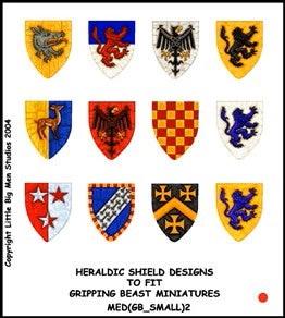 Heraldic Shield Designs to fit Gripping Beast miniatures MED(GB_SMALL)2--shield transfers to fit 28mm Gripping Beast miniatures--Special Order:  Takes 2 to 3 weeks #52524