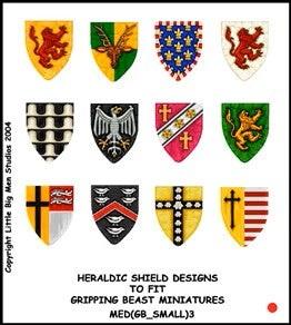Heraldic Shield Designs to fit Gripping Beast miniatures MED(GB_SMALL)3--shield transfers to fit 28mm Gripping Beast miniatures--Special Order:  Takes 2 to 3 weeks #52525